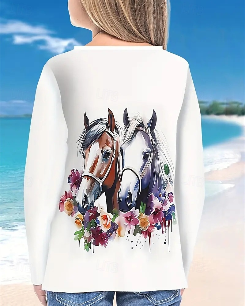 Девочки 3D Животное Лошадь Футболка Длинный рукав Весна Осень Мода Классический Дети 4-12 лет Вырез под горло на открытом воздухе Повседневные Стандартный 2026 - $13.99 –P4