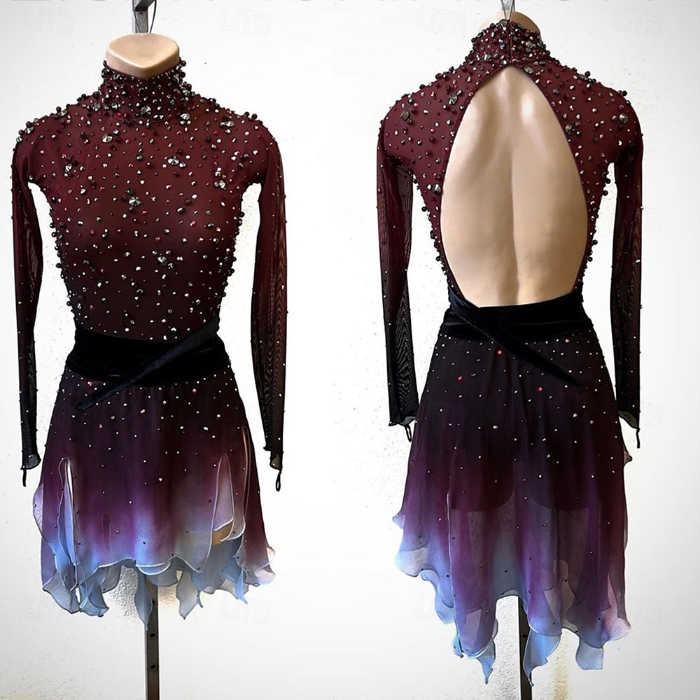 Kunstschaatsjurk Dames Voor meisjes Schaatsen Jurken Zwart / rood Lapwerk Open achterkant Netstof Hoge Elasticiteit Opleiding Wedstrijd Kunstschaatskleding Klassiek Kristal / Bergkristal Lange mouw 2025 - $198.99 –P1