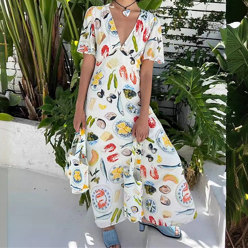 Per donna Abito Lungo Maxi Abito Abiti in cotone e lino Vestito Casual Moda All'aperto Feste Ferie Vestibilità regolare Frutta Manica Corta Scollo a V Beige Estate del 2025 a $42.99 –P3