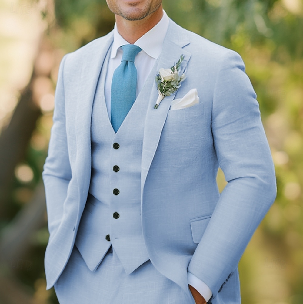 Men's Wedding Linen Suits Sky Blue Summer Formal Solid Colored Standard Fit 3 Piece Single Breasted Two-buttons 2025 - $139.99 –P2