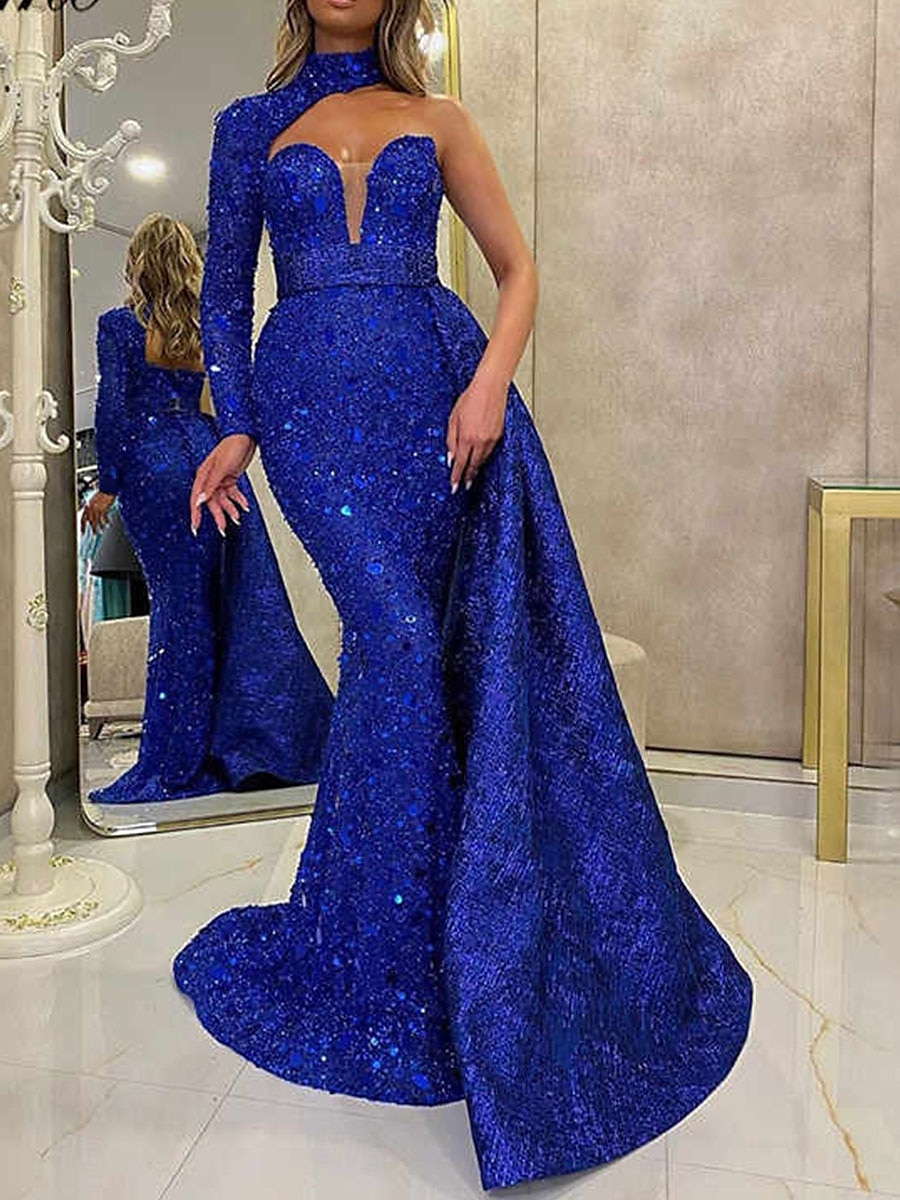 Abiti Quinceanera A-Line Abito Elegante Matrimonio Matrimonio Ospite Lungo Maniche Lunghe Una Spalla Senza Schiena con Paillettes del 2025 a $119.99 –P1