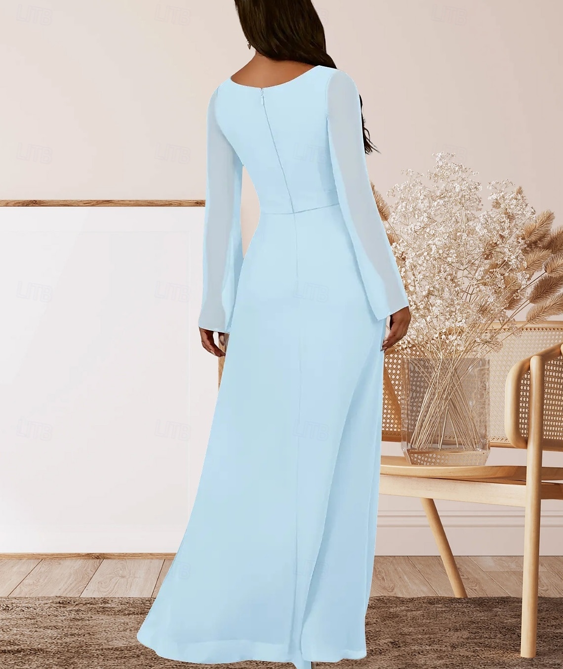 A-Linie Brautmutterkleid Hochzeitsgast Elegant V Ausschnitt Bodenlang Chiffon Langarm mit Kristalle Raffung 2025 2025 - $157.99 –P2
