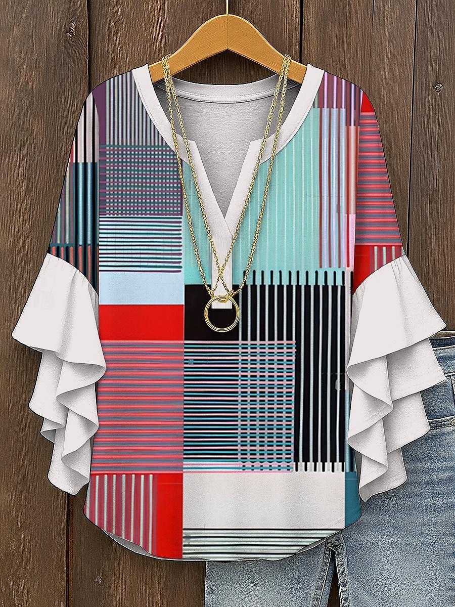 Damskie Bluzka Graficzny Geometryczny Kratka Zabytkowe Codzienny Elegancki Rękaw 3/4 W serek Zwykłe topy Codzienny Święto Ubrania wakacyjne Falbana Nadruk Żółty Czerwony Niebieski Fioletowy Zielony 2025 - $29.99 –P7