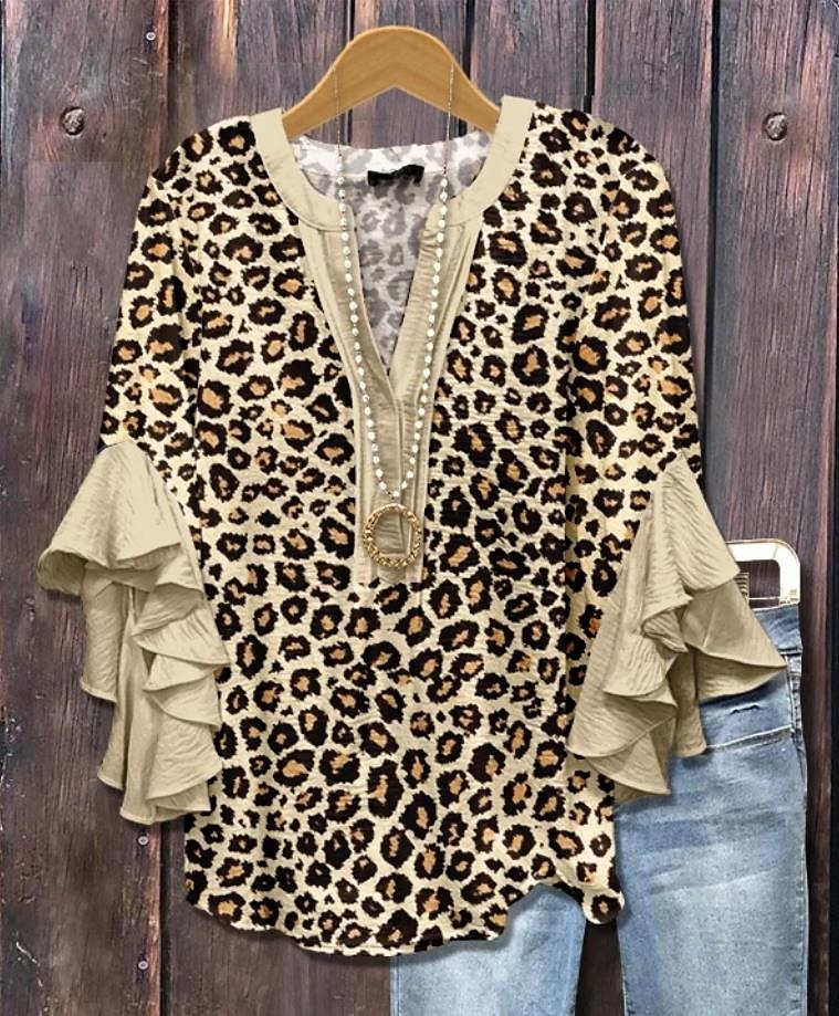 Amerykańska bluzka damska z grafiką lamparta boho vintage codzienna 3/4 długości rękaw falbaniasty dekolt w kształcie litery V regularne topy codzienny urlopowy strój nadruk żółty jasnozielony różowy 2025 - $29.99 –P2