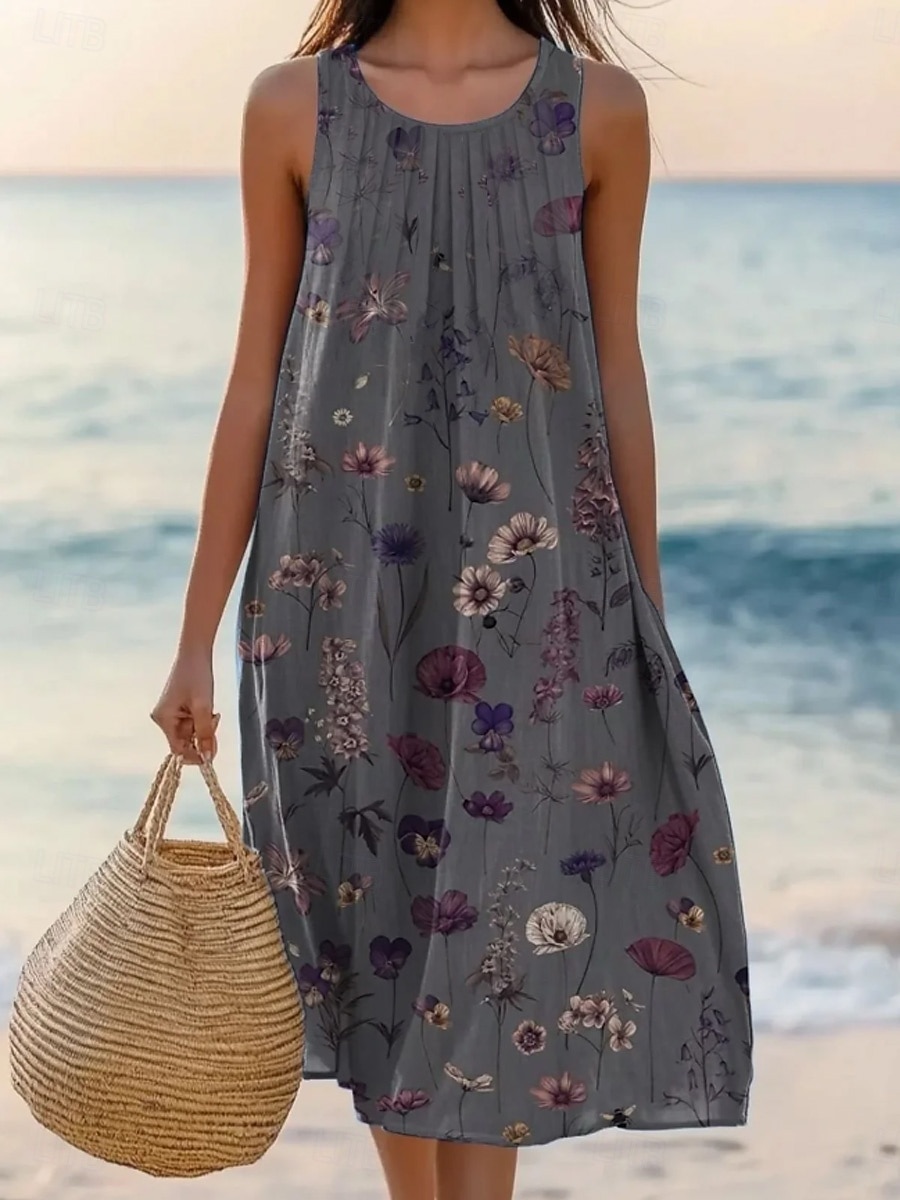 Dames Halflange jurk Geplooide jurk Vakantie Casual Boho Strand Normale pasvorm Ombre Bloemig Grafisch Mouwloos Ronde hals Blozend Roze Grijs Zomer Lente 2025 - $36.99 –P2
