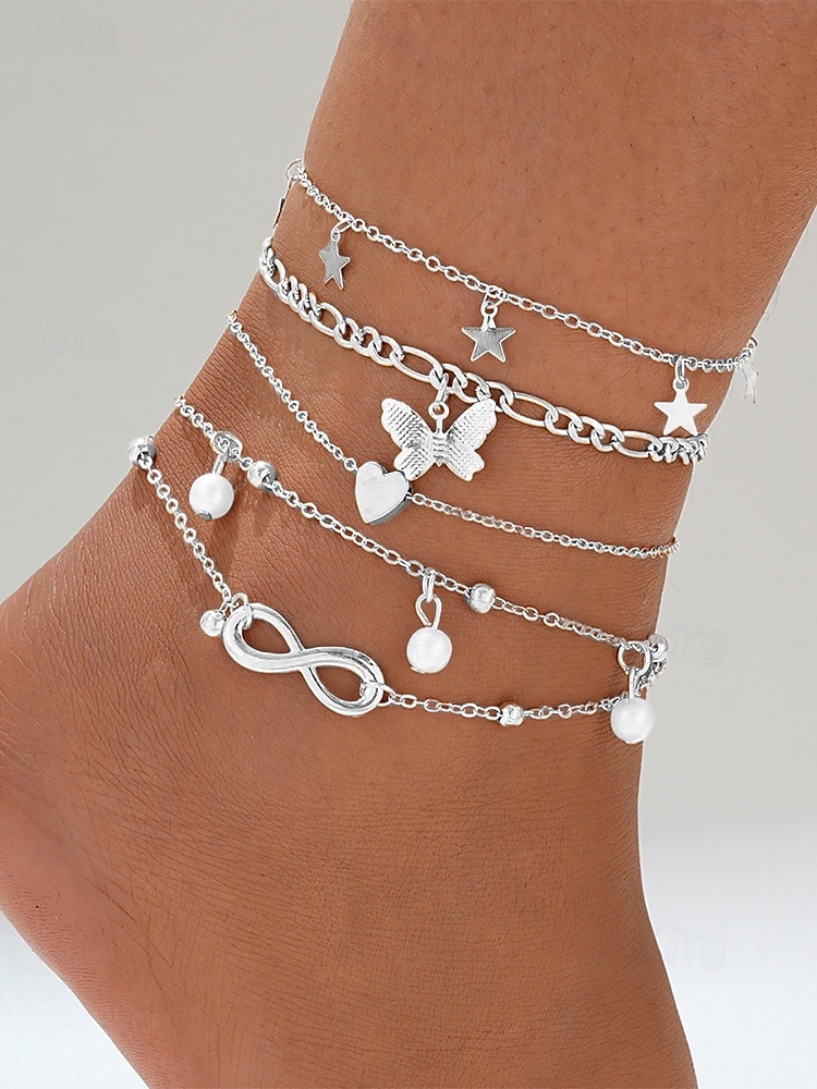Set di cavigliere da donna placcate in oro a strati con ciondoli a forma di farfalla, cuore, stella, infinito e perla - regolabili, stile boho chic per la spiaggia e l'abbigliamento casual del 2025 a $7.99 –P3