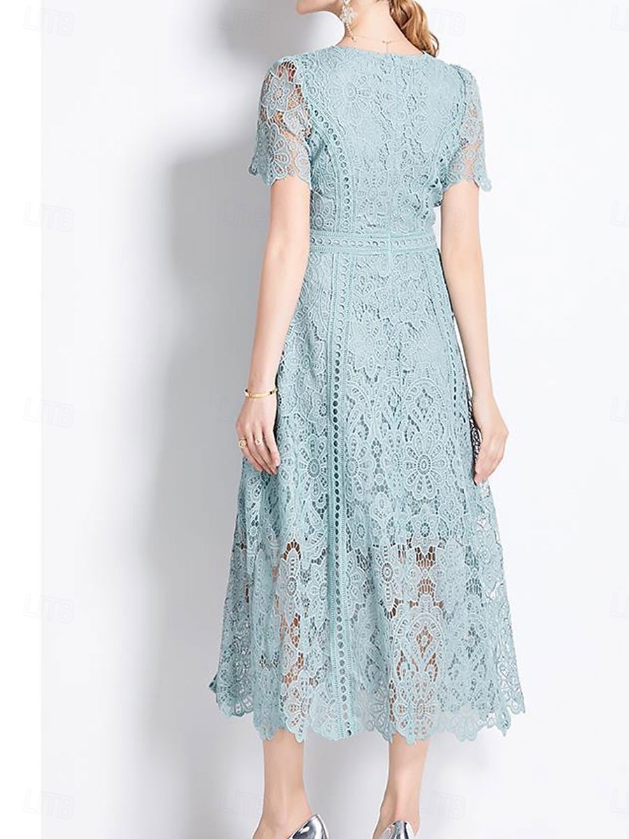 Abito Madre della sposa Abito elegante Collo tondo Lunghezza tè Pizzo Maniche corte con pizzo del 2025 a $99.99 –P7