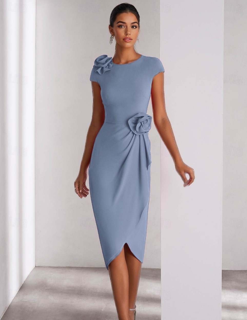 Abiti cocktail a colonna rosa eleganti formali per invitati a matrimoni lunghezza caviglia maniche corte scollatura a girocollo crepe elastico con fiore sulla spalla del 2025 a $129.99 –P4