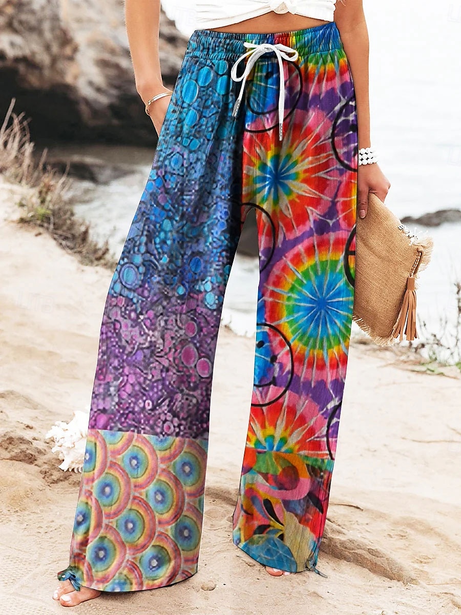 Women's Wide Leg Chinos Baggy Pants Vacation Vintage Fashion Full Length High Waist Graphic Geometric Color Block Printing Micro-elastic Formal Vacation Street Robin's Egg Blue Summer Spring Regular 2025 - $24.99 –P1