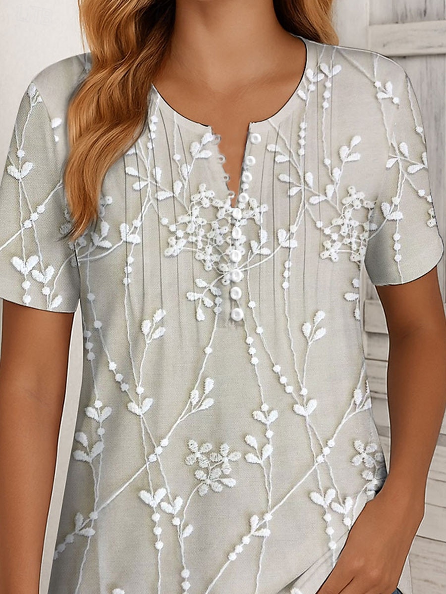 Femmes T-shirt Fleuri Graphique ancien Élégant Classique Manche Courte Col rond Hauts Réguliers Quotidien Week-end Tenue de plage Boutons Smocké Imprimé Bleu Blanc Ecru Été Printemps de 2025 ? $27.99 –P2