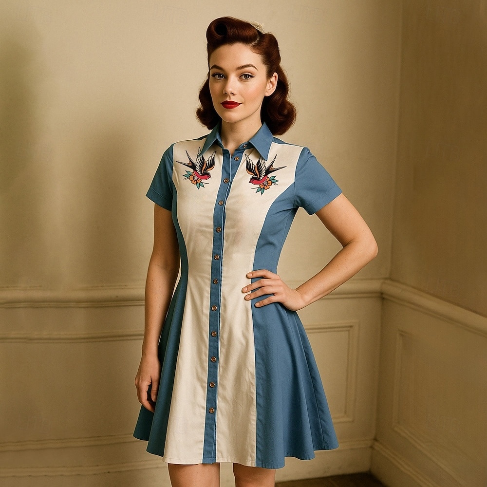 Retro 50. léta Mini Šaty na šaty Košilové šaty Kovbojka Tlačítko dolů 3D tisk Maškarní kostým Dámské Plesová maškaráda Dovolená Ležérní Čajový dýchánek Dospělé Šaty Léto 2025 - $29.99 –P4