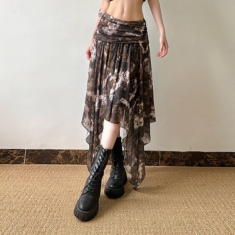 Damen Rock Mode Boho Midi Mittlere Hüfthöhe Röcke Blumen Unregelmäßiger Saum Druck Mikroelastisch Urlaub Straße Braun Sommer Polyester 2025 - $26.99 –P8