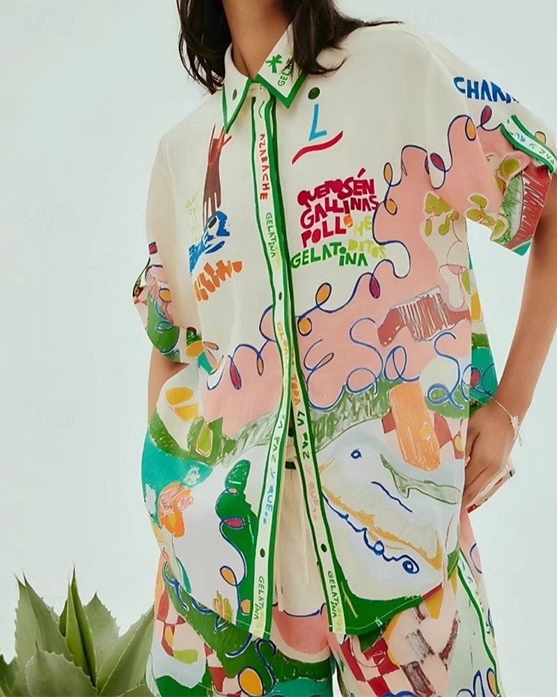 Femmes Mode Streetwear Chemises en coton et lin Ensembles en coton et lin Ensembles de Shorts Manche Courte Col de chemise Graffiti Imprimé Tenue quotidienne Date Vert Été Coupe régulière de 2025 ? $29.99 –P4