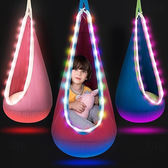 O balanço com luzes oferece efeitos de iluminação ajustáveis, tornando-o perfeito para uso interno e externo. Fácil de instalar, adequado para brinquedos com autismo de 2025 por $108.99 –P1