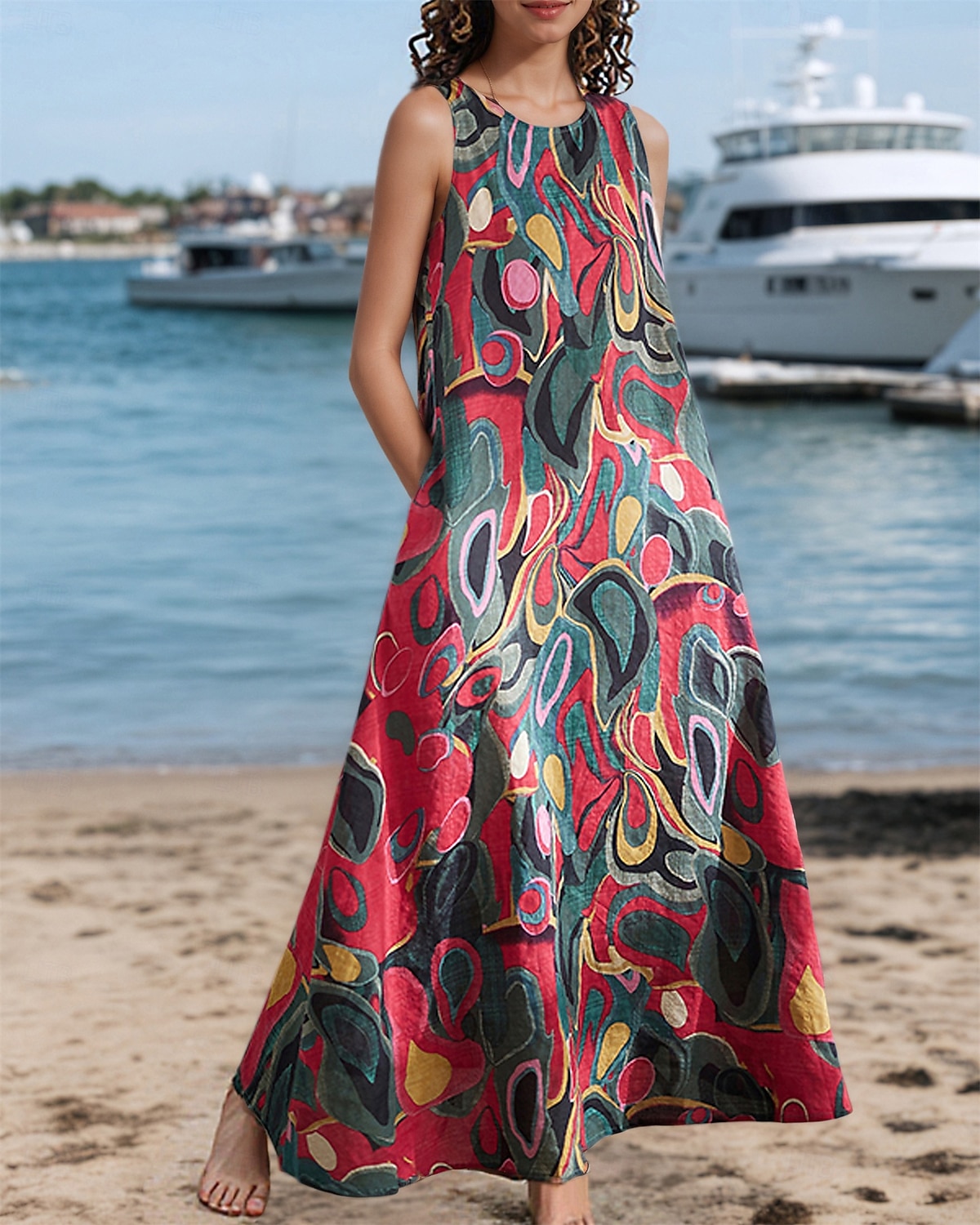Damen Maxikleid A Linie Kleid Sommerkleid Boho Täglich Ferien Normale Passform Grafik Farbblock Ärmellos Rundhalsausschnitt Rosa Rote Grün Sommer 2025 - $25.99 –P3