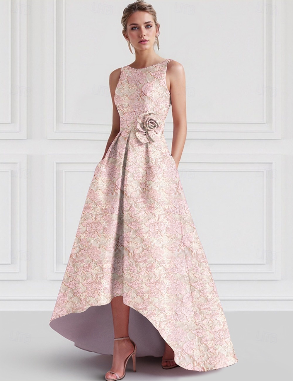Jacquard A-vonalú Koktélruhák Elegáns Ruha Formális Esküvő Aszimmetrikus Ujjatlan Kerek Nyak Nylon Virágmintás Zsebes Esküvői Vendég Ruha 2025 - $142.99 –P3