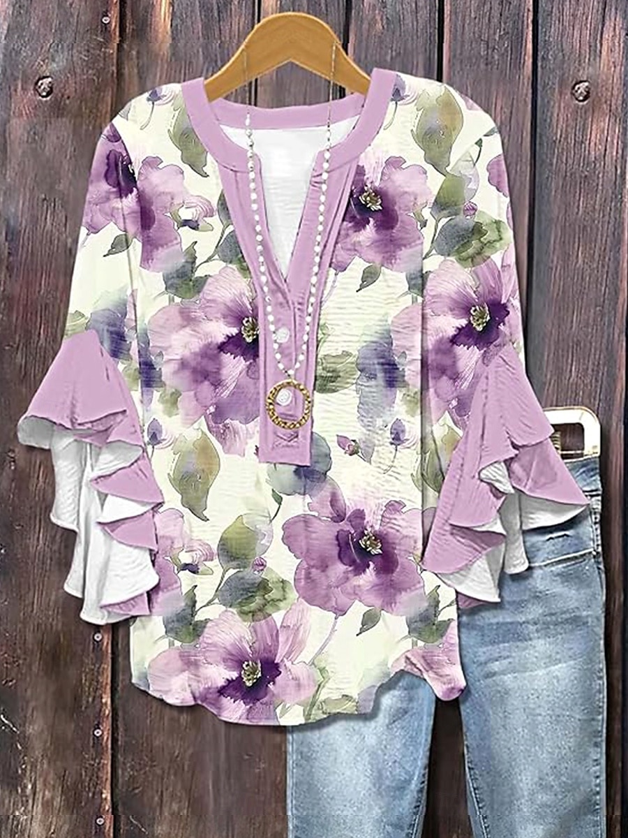 Pentru femei Bluză Ombre Floral Grafic Elegant Boemia Έθνικ Lungime Manșon 3/4 În V Topuri obișnuite Zilnic Concediu Îmbrăcăminte de vacanță Bufantă Imprimeu Alb Galben Verde Deschis Mov Roz 2025 - $29.99 –P2