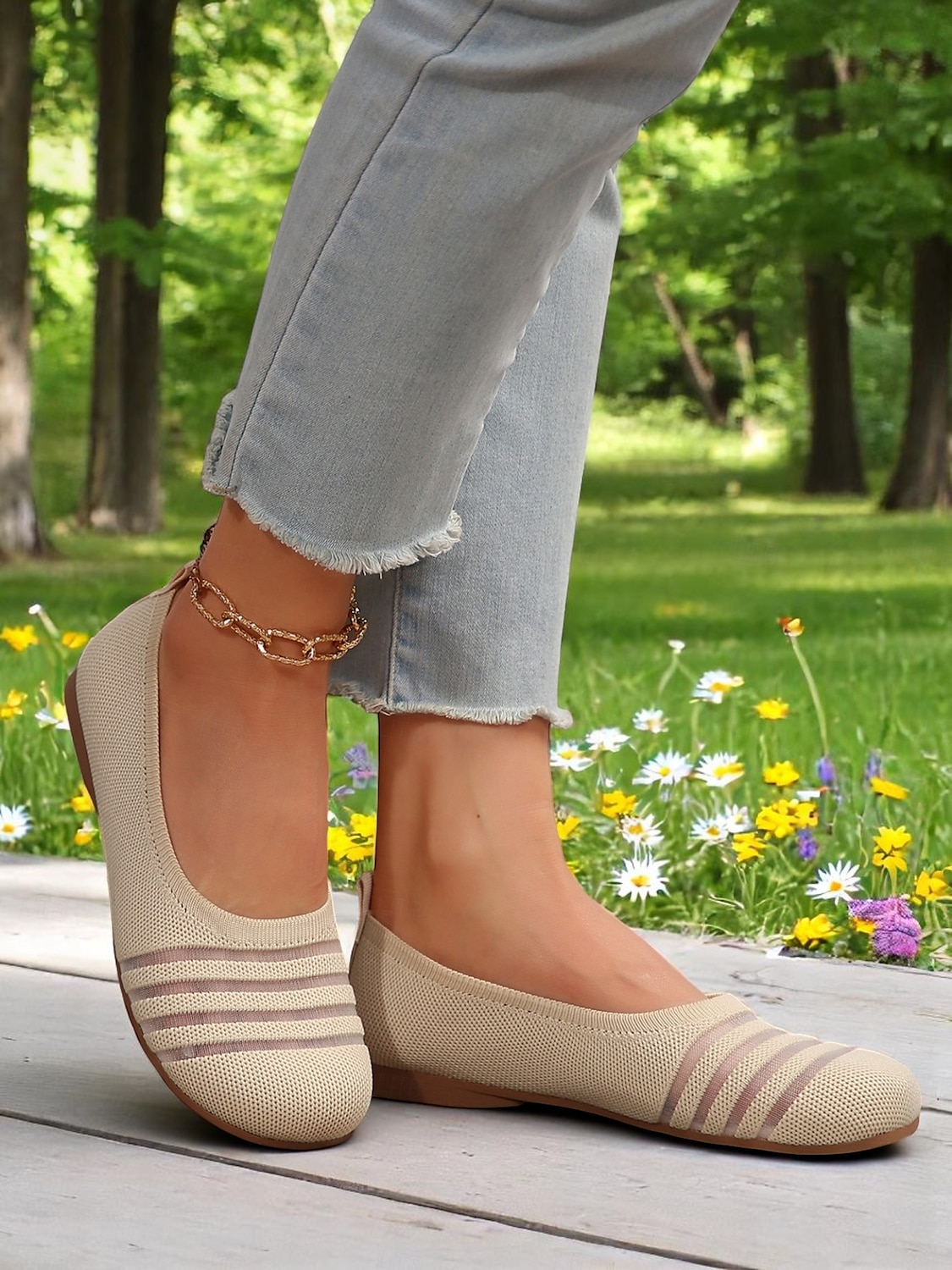 Dámské flyknit casual barefoot boty - prodyšný svršek ze síťoviny, široká špička, balerínky, trendy pruhy, pohodlné na chůzi a běžné aktivity 2025 - $19.99 –P5