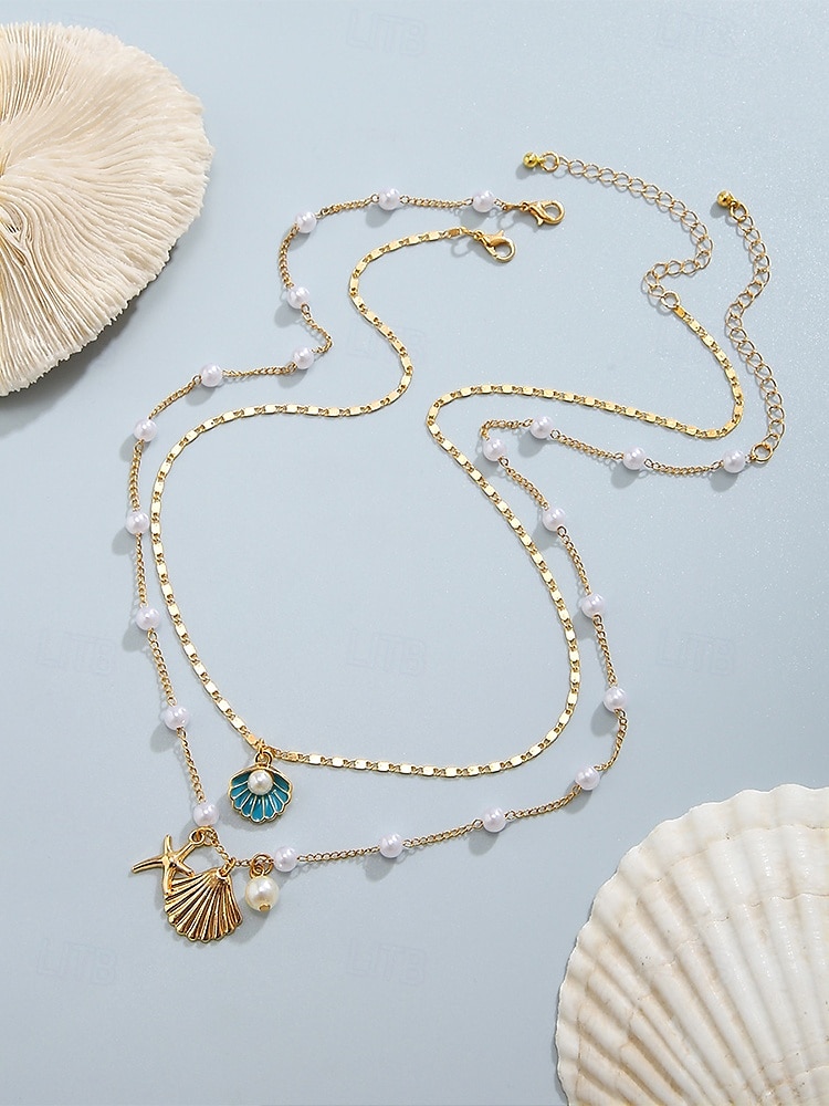 Women's Summer Beach Necklace with Pearl, Shell and Starfish Charms – Gold-Plated Layered Necklace for Vacation, Casual Outfits and Special Occasions 2025 - $11.99 –P5