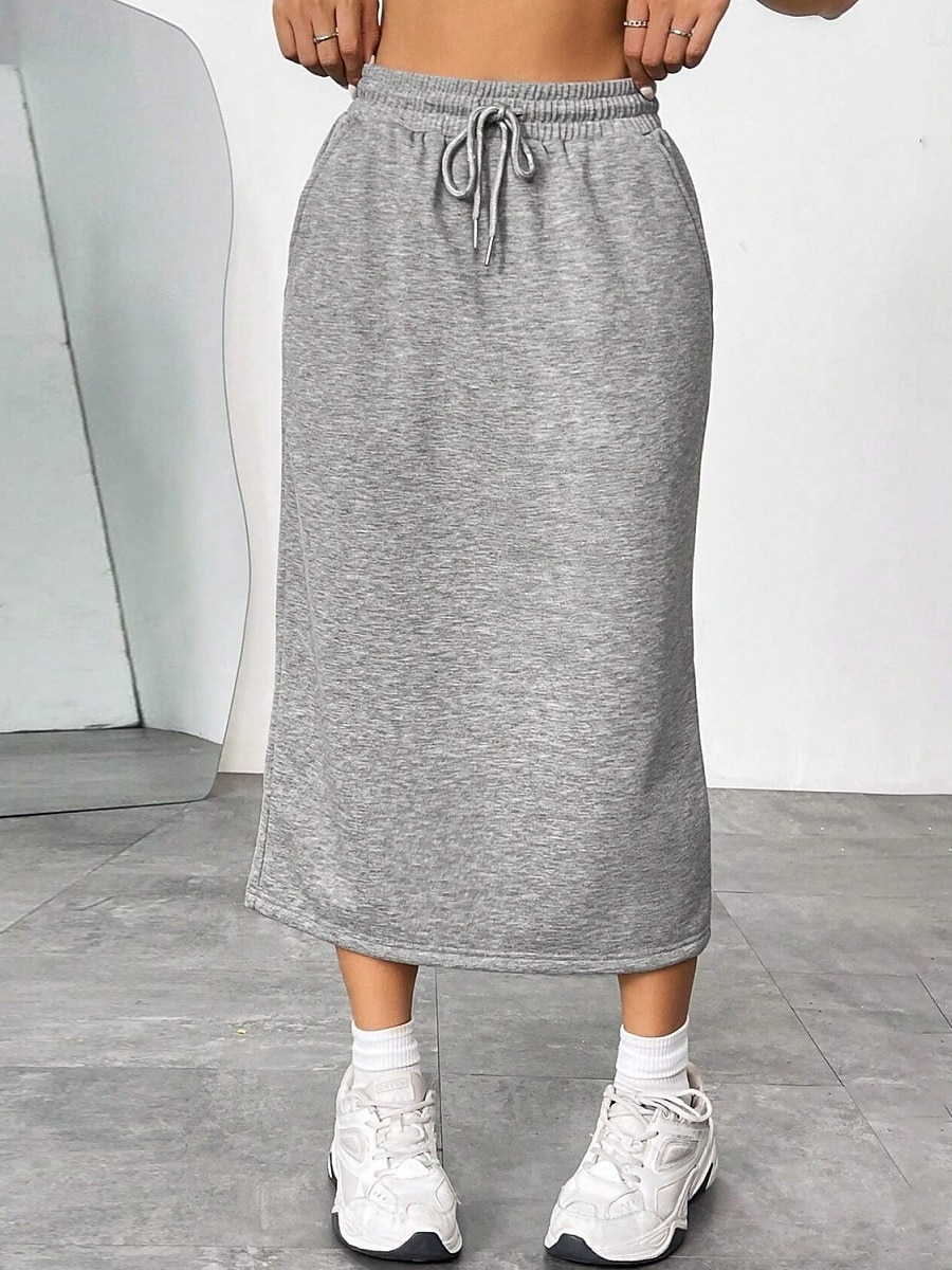 Ženská sukně jednobarevná módní casual maxi sukně s vysokým pasem jednoduše kapsa elastická street denní černá šedá léto polyester 2025 - $17.99 –P4