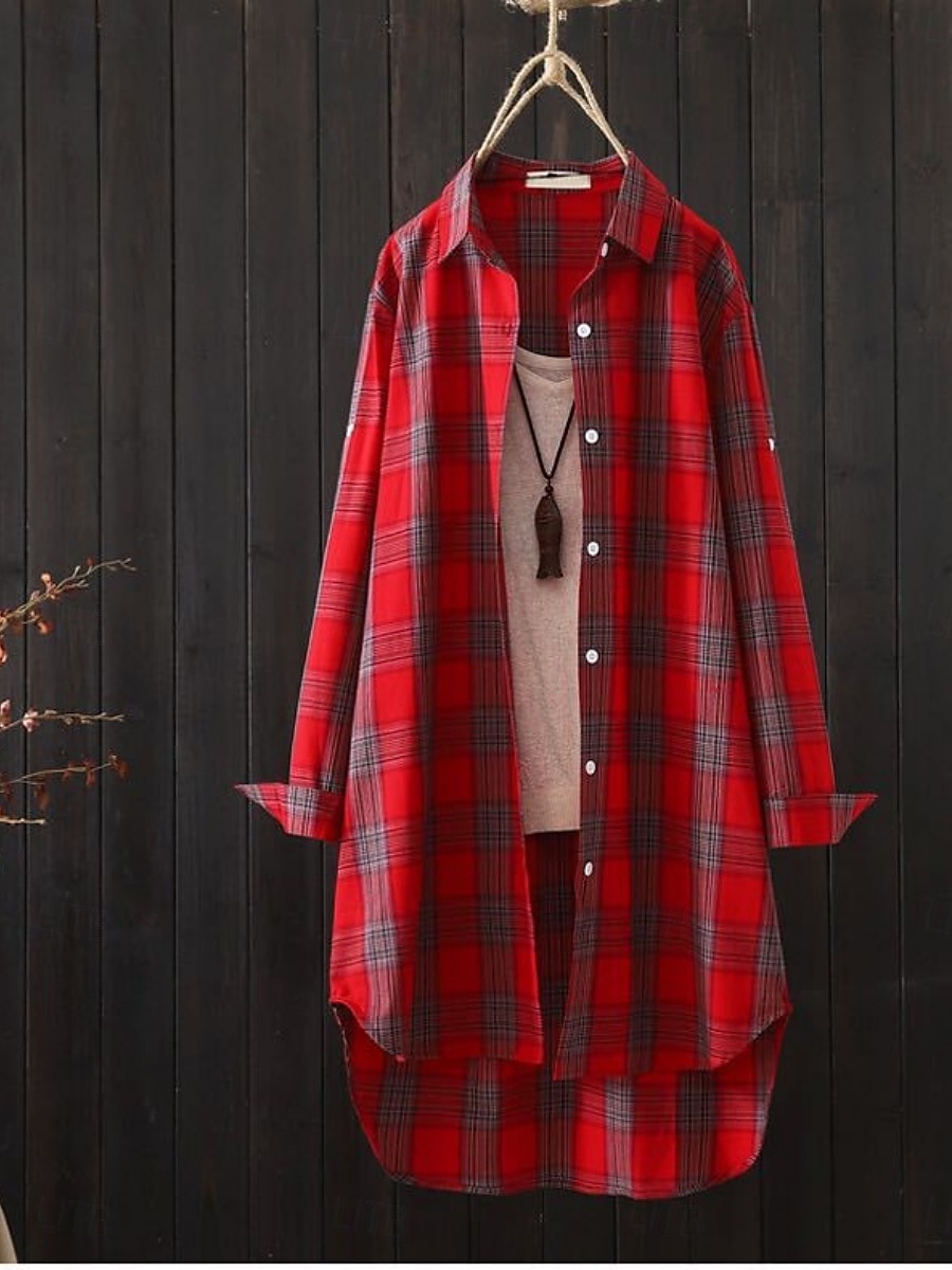 Women's Cotton Linen Shirt Plaid Basic Casual Long Sleeve Shirt Collar Regular Tops Daily Buttons Pocket Print Yellow Red Green Summer 2025 - $18.99 –P3