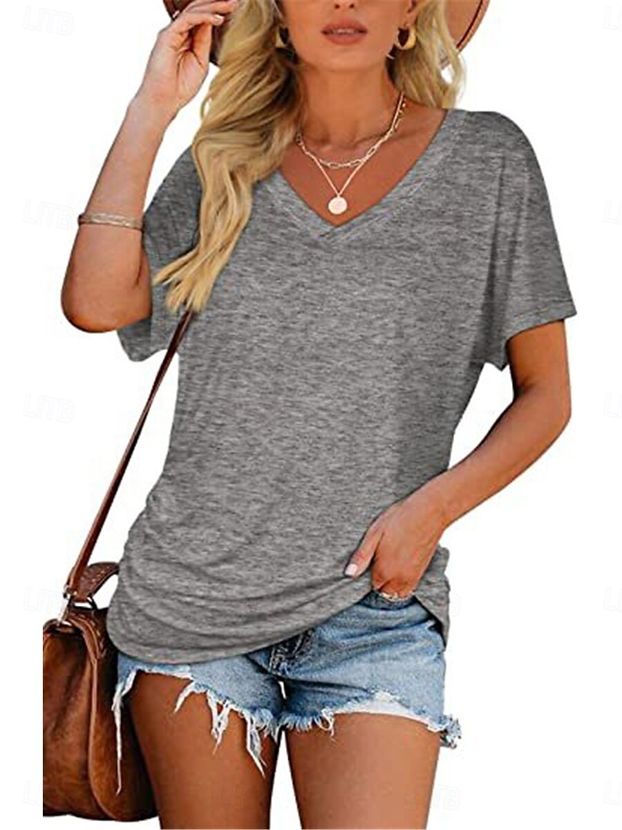 Dame Bluse Helfarge Stilfull Fritid Kortermet V-hals Vanlige topper Daglig Hvit Rosa Lilla Grå Sommer 2025 - $15.99 –P8