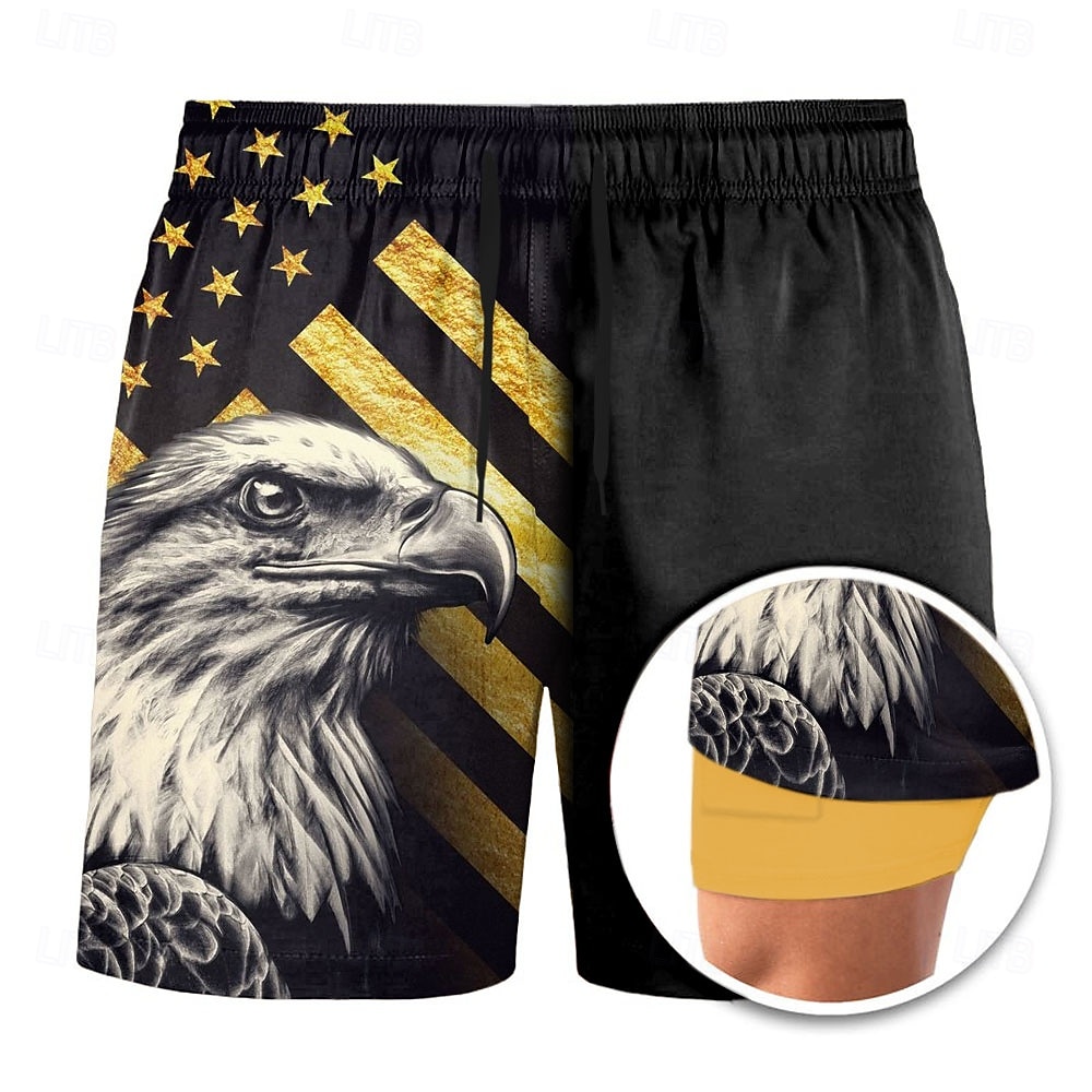 Independence Day Men's Eagle US Flag Patriotic Lined Shorts 2 in 1 Board Shorts Swim Shorts Mid Waist Hawaiian Holiday Side Pockets With Compression Liner Elastic Drawstring Waist Designer Clothing 2025 - $21.99 –P1