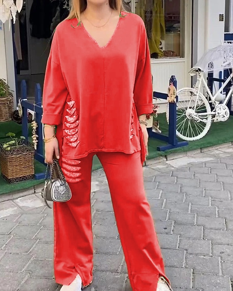 Pentru femei Activ Modă Cămăși Bumbac In Bluză Seturi de pantaloni Manșon Lung În V Culoare solidă Paiete Vacanță Casul / Zilnic Negru Alb Roșu-aprins Vară Fit regulat 2025 - $34.99 –P3