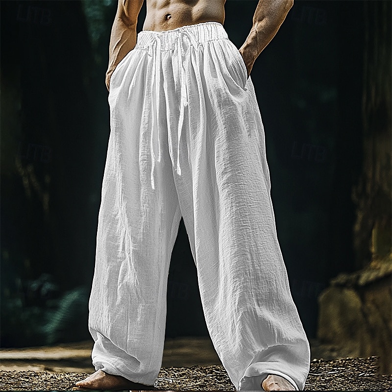 Men's Linen Pants Trousers Summer Pants Beach Pants Pocket Drawstring Elastic Waist Plain Comfort Breathable Vacation Daily Holiday Hawaiian Boho Black White 2025 - $20.99 –P1