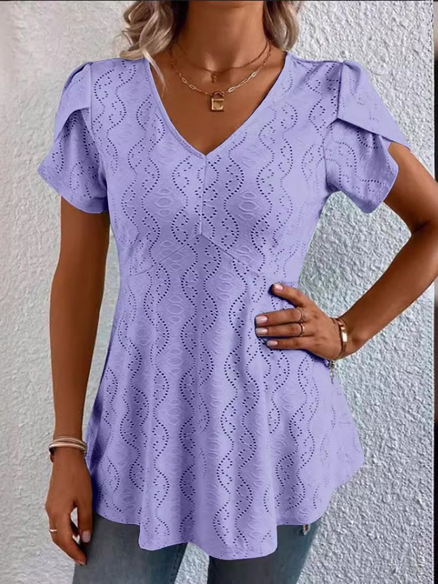 Women's Blouse Solid Color Stylish Basic Casual Short Sleeve V Neck Regular Tops Daily Lace Patchwork Black White Pink Blue Purple Summer 2025 - $17.99 –P4