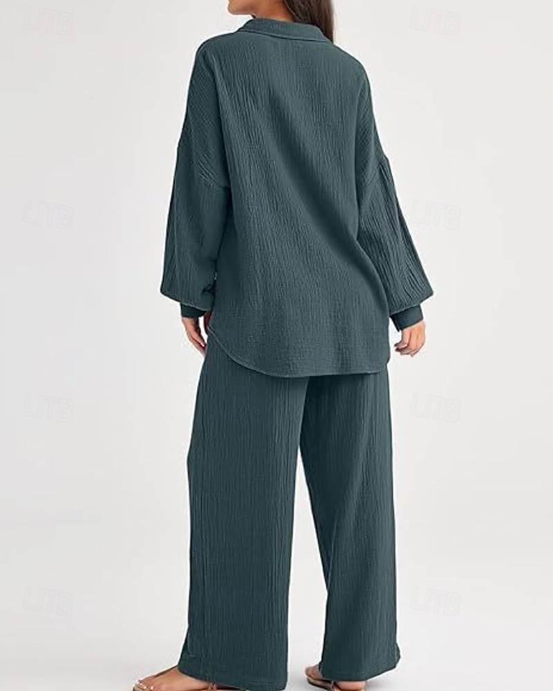 Women's Active Fashion Cotton Linen Shirts Cotton Linen Sets Blouse Long Sleeve Shirt Collar Solid Color Dubbele Rij Knopen Holiday Casual Daily Black Ivory Wine Summer Regular Fit 2025 - $37.99 –P6