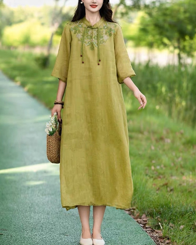 Pentru femei Rochii Midi Rochie din in bumbac Rochie florala Modă Modern Vacanță Zilnic Concediu Fit regulat Floare Manșon Jumate Guler de stand Roz Îmbujorat Albastru piscină Trifoi Caisă Vară 2025 - $28.99 –P4