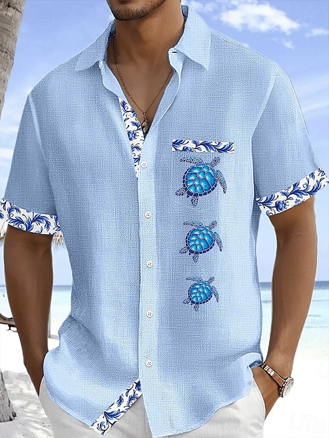 Men's Shirt Linen Shirt Summer Shirt Beach Shirt Button Up Shirt Turtle Vacation Holiday White Pink Sky Blue Green Short Sleeve Turndown Summer Clothing Apparel Front Pocket 2025 - $26.99 –P1