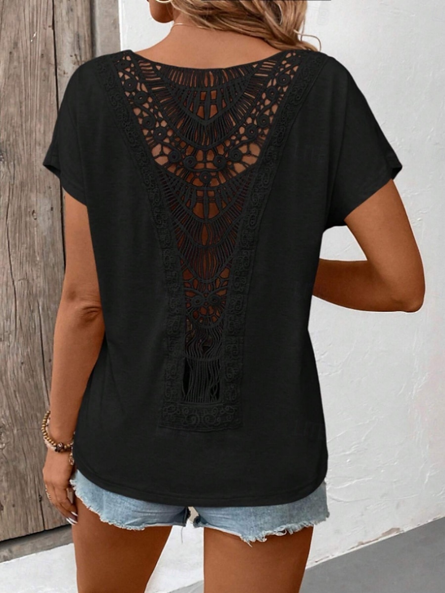 Damen T-Shirt Einfarbig Einfach Mode Modern Lässig Kurzarm Rundhalsausschnitt Regulär Oberteile Täglich Wochenende Spitze Patchwork Schwarz Weiß Pink Khaki Sommer 2025 - $18.99 –P21