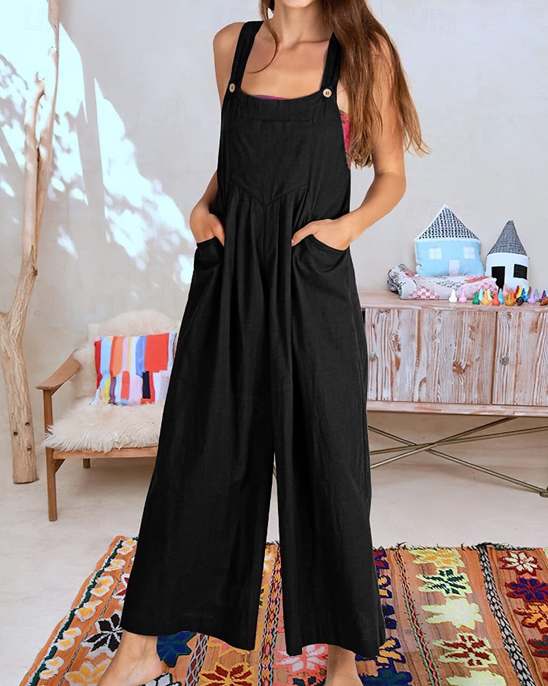 salopetă salopetă damă salopetă streetwear culoare uni fără mâneci decolteu în U buzunar stradă ieșire croială standard negru alb galben vară 2025 - $31.99 –P7