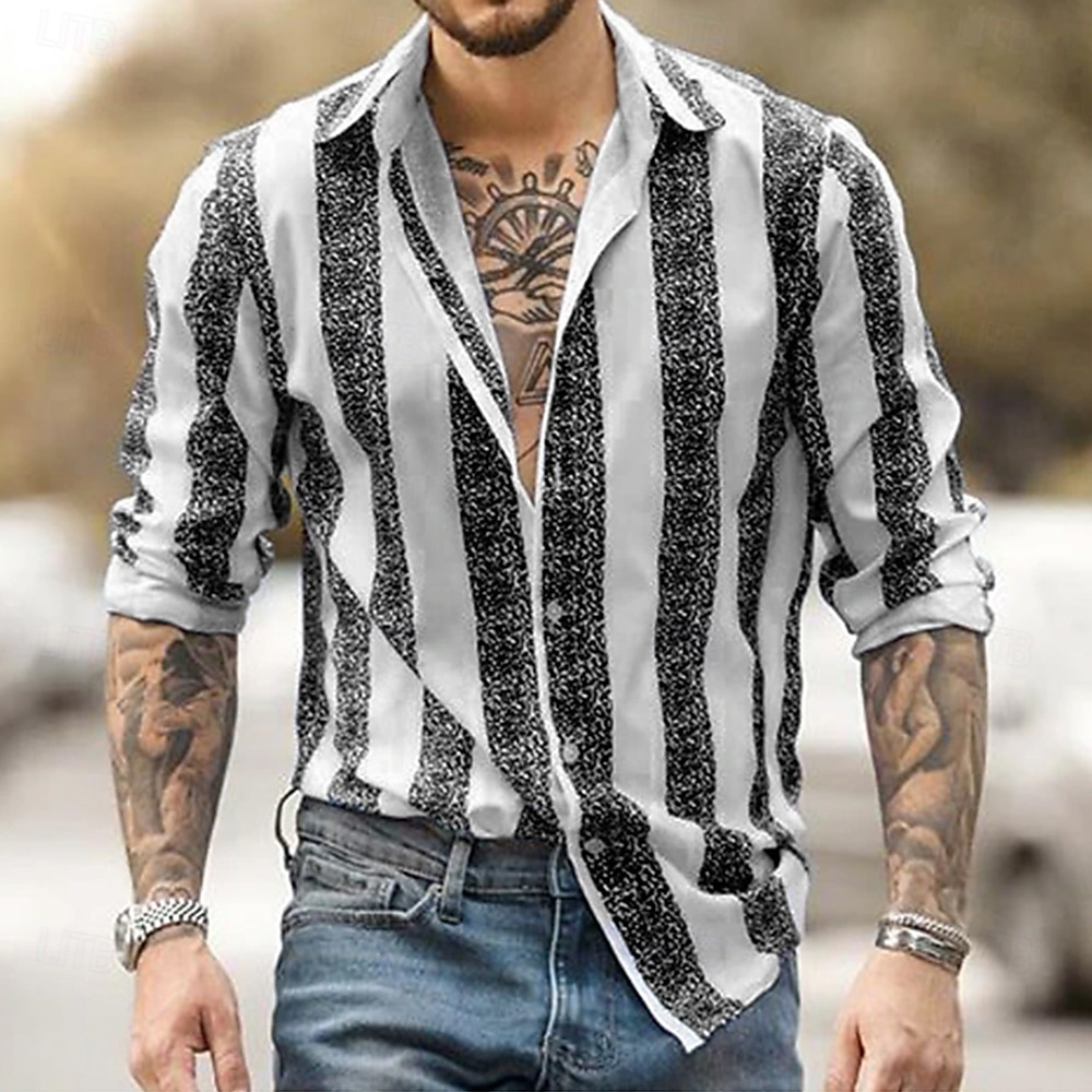 Voor heren Geometrisch Gestreept Overhemd Overhemd met knopen Casual overhemd Lange mouw Mode-casual Formeel Vakantie Dagelijks gebruik Zomer Lente Strijkijzer 3D-afdrukken shirts met kraag Zwart 2025 - $25.99 –P2