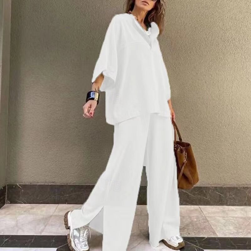 Femmes Mode Streetwear Chemises en coton et lin Ensembles en coton et lin Ensembles de Pantalons Manche 3/4 Col en V Uni Tenue quotidienne Date Blanche Beige Été Coupe régulière de 2025 ? $40.99 –P7