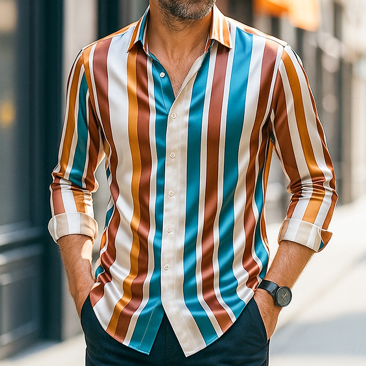 Herren Hemd Satinhemd Gestreiftes Hemd Freizeithemd Knopfhemd Gestreift Hochzeit Urlaub Regenbogen Langarm Kragen Frühling & Herbst Bekleidung 2025 - $27.99 –P1