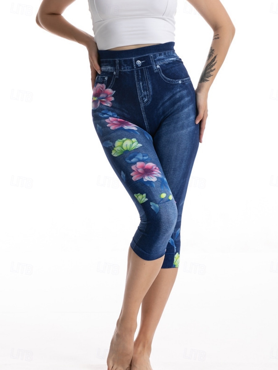Dámské legíny capri kalhoty 3D tisk chinos dovolená městská móda příležitostné do délky lýtek vysoký pas květinový tisk pohodlné měkké komfortní elastické venkovní ulice modré letní úzké 2025 - $13.99 –P2