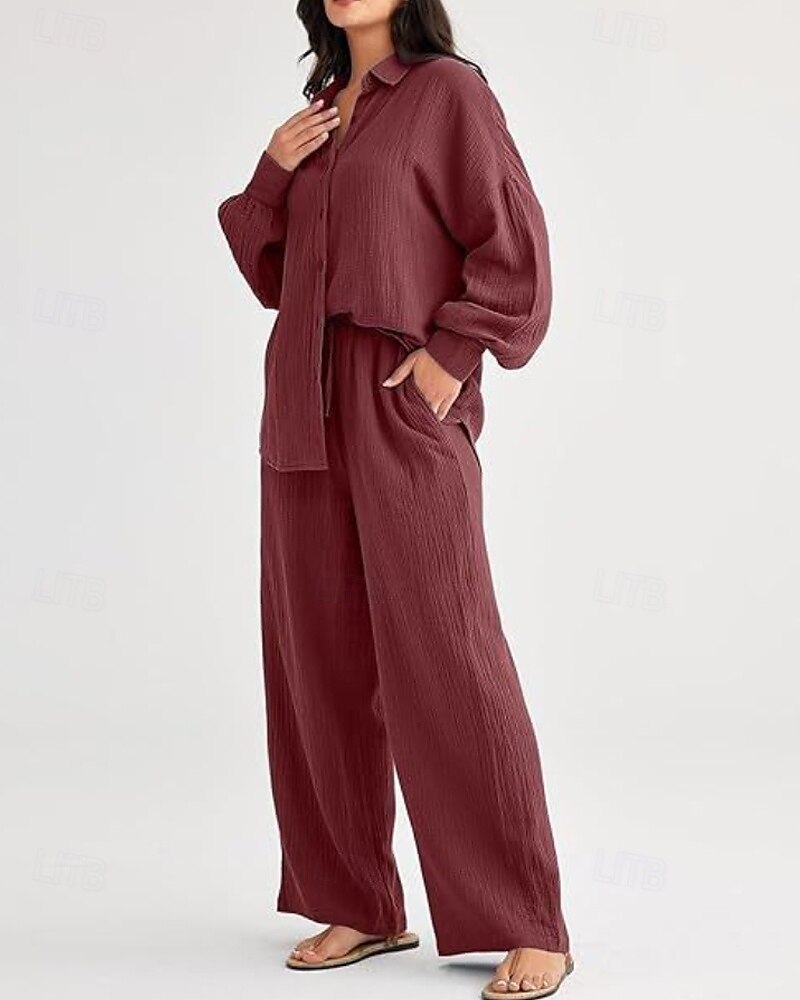 Women's Active Fashion Cotton Linen Shirts Cotton Linen Sets Blouse Long Sleeve Shirt Collar Solid Color Dubbele Rij Knopen Holiday Casual Daily Black Ivory Wine Summer Regular Fit 2025 - $37.99 –P7