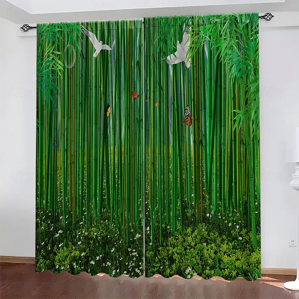 Set de 2 perdele cu model de bambus verde, potrivite pentru studiu, bucătărie, living, dormitor, genți pentru stâlpi, accesorii pentru dormitor, decorare cameră și decorare casă, perdele de tavan 2026 - $32.99 –P1