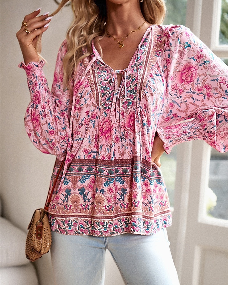 Damen Hemd Boho-Hemd Sommeroberteile Blume Täglich Stilvoll Lässig Langarm V Ausschnitt Normale Oberteile Arbeit Täglich Ferien Druck Rosa Marineblau Blau Frühling Herbst 2025 - $22.99 –P2