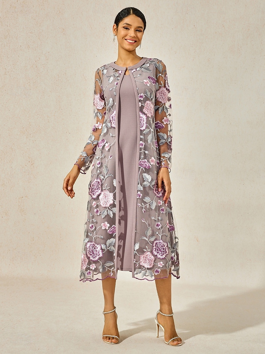 Dam Telängd Cocktail klänning Klänning Set Bröllopsgästklänning A linjeklänning Elegant Formell Bröllop Fest Normal Blommig Långärmad Rund hals Grå rosa Sommar Vår Höst 2025 - $69.99 –P2