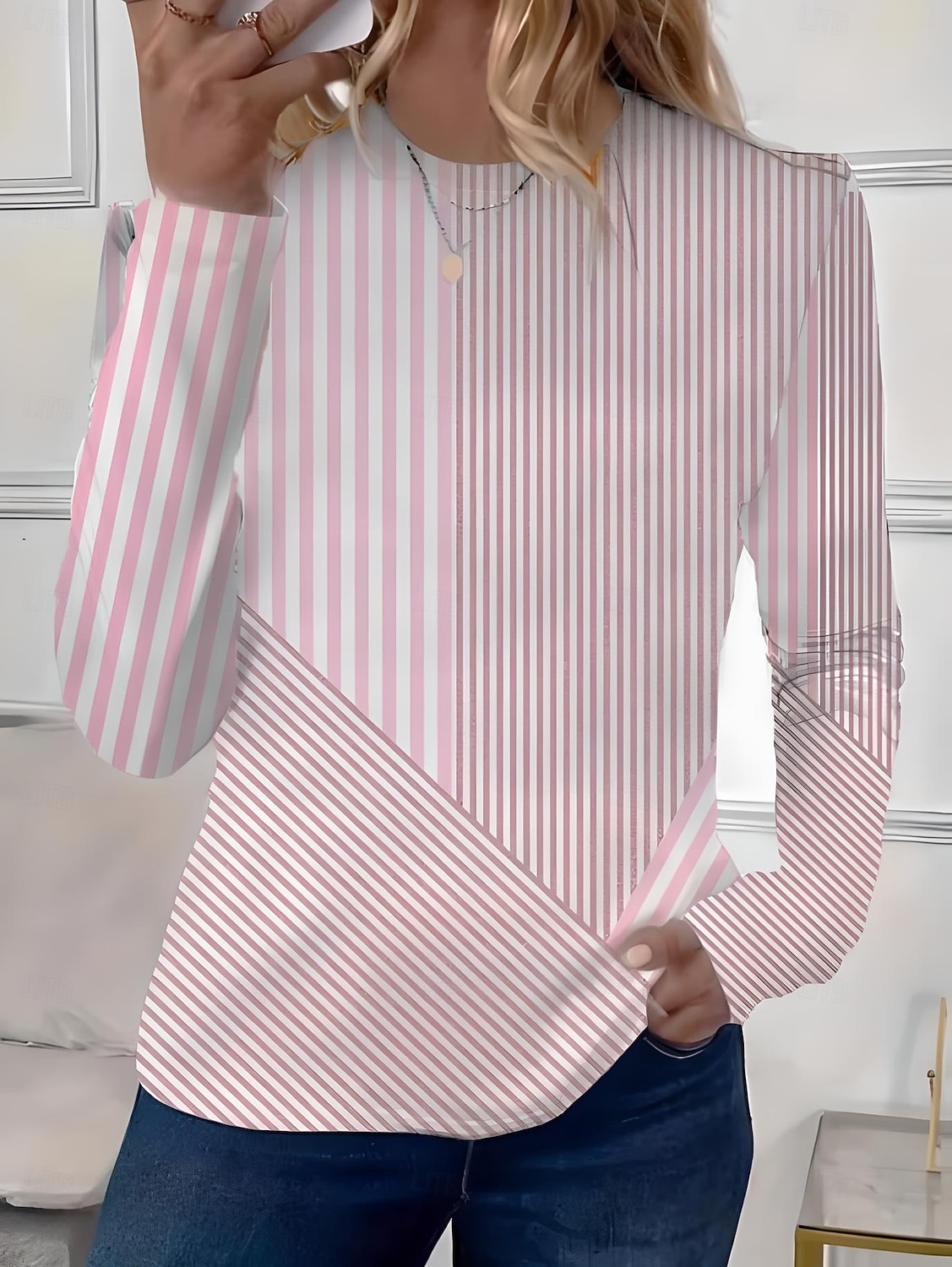 Camiseta Feminina Longa Manga Gola Redonda Longa Manga Tunica Gráfica Geométrica Listrada Elegante Vintage Tops Regulares Impressão Diária Saída Fim de Semana Impressão Rosa Azul Azul Celeste de 2026 por $24.99 –P2