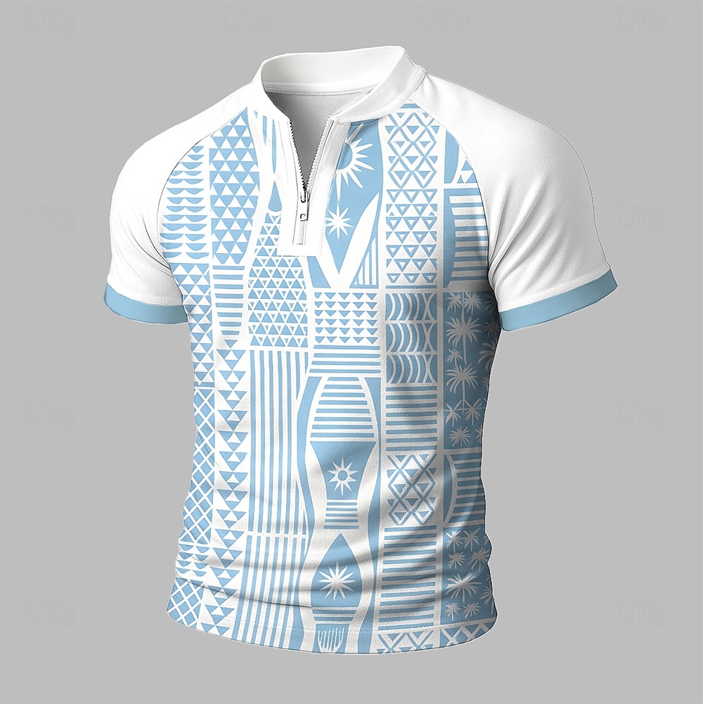 Men's Graphic Zip Polo Short Sleeve Stand Collar Modern Leisure Athleisure Casual Daily Zipper 3D Print Summer Robin's Egg Blue White Blue White 2025 - $20.99 –P5