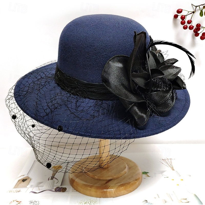 Vintage Fedora Bucket Hat with Removable Mesh Flowers Feathers Elegant Ladies Bowler Hat Winter Warm Wide Brim Church Derby Hat for Wedding Race Banquet 2025 - $23.99 –P14