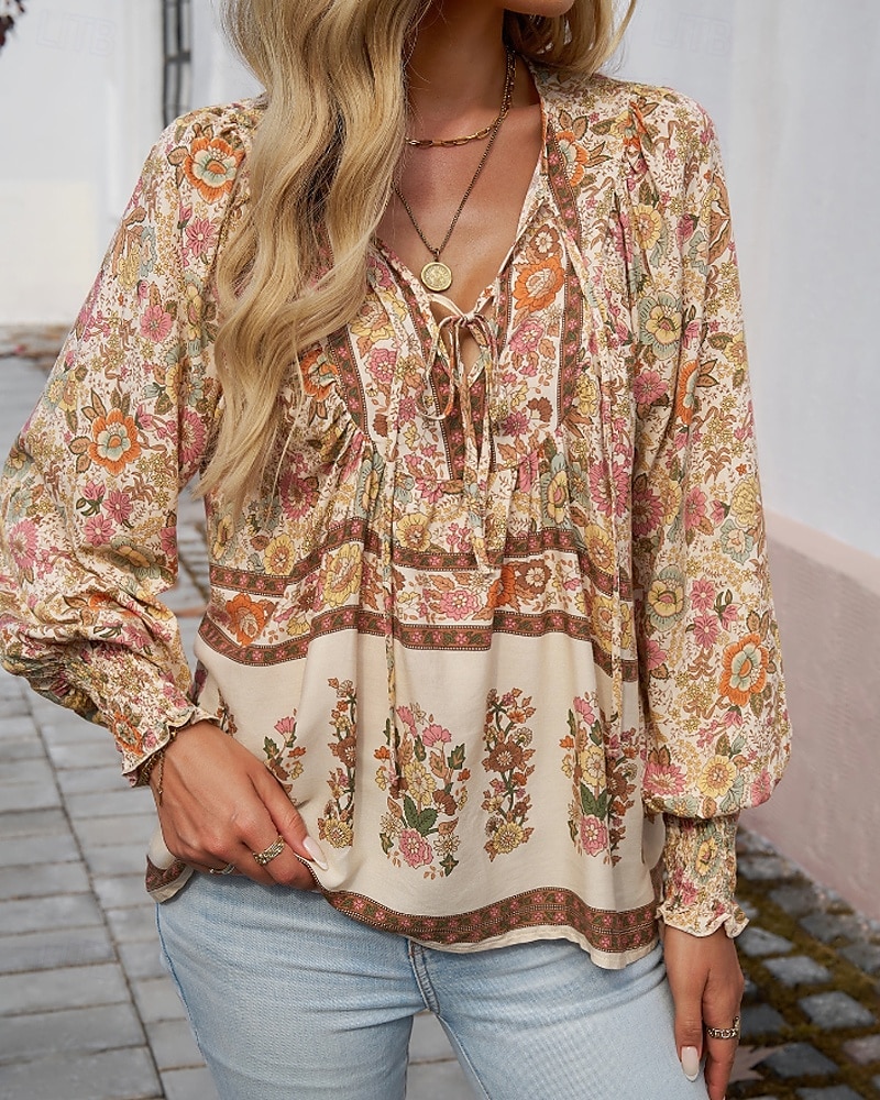 Women's Boho Shirt Blouse Flower Modern Boho Long Sleeve V Neck Regular Tops Daily Going out Print Yellow Pink Navy Blue Blue Orange Summer 2025 - $22.99 –P18