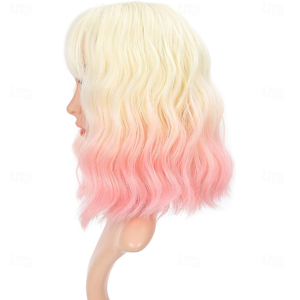 Ombre 2-tone kleur krullende bob pruik met luchtpony natuurlijke krullende golvende korte bob pruiken schouderlange pruiken synthetische cosplay voor meisjes kleurrijke pruiken 12'' blond tot roze 2025 - $24.99 –P6