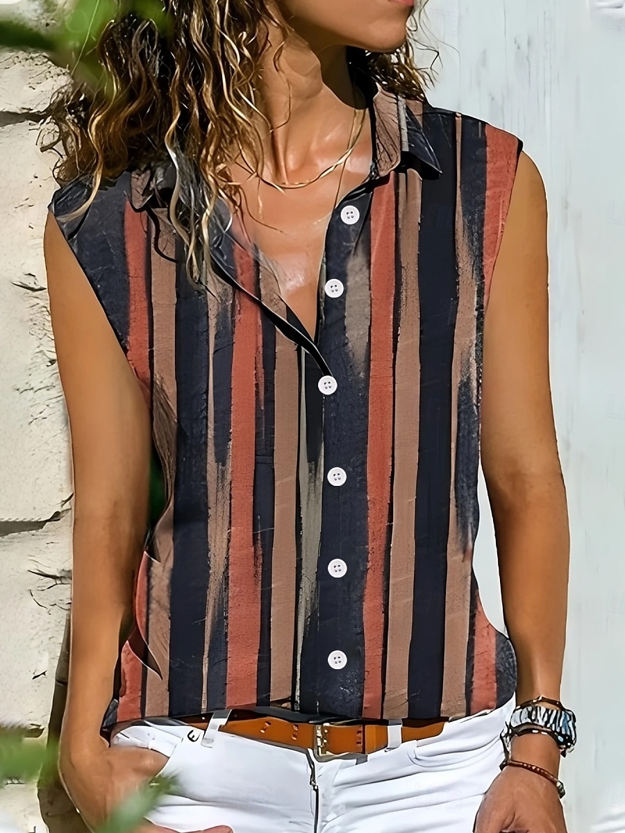 Women's Camisole Tank Top Striped Daily Casual Sleeveless V Neck Regular Tops Daily Buttons Print Yellow Red Blue Summer Spring 2025 - $16.99 –P1