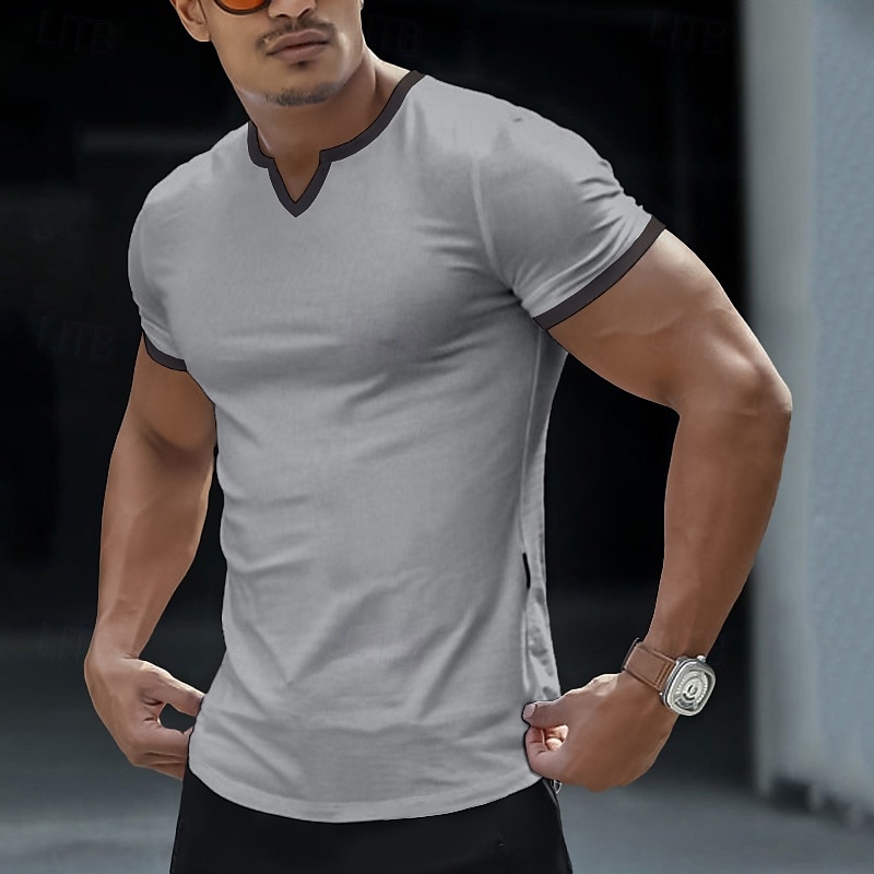 2025年 男性用 Tシャツ ティートップ 半袖 Vネック ノッチ 夏 カラーブロック ファッション デザイナー ベーシック クラシック バケーション ストリート カジュアル ブラック ホワイト グレー メンズトップTシャツ コレクション – $8.99 –P2